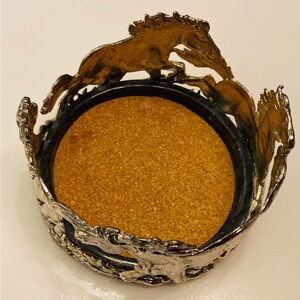 Silver metal Stallions in full gallop wine coaster cork lined, black marble base